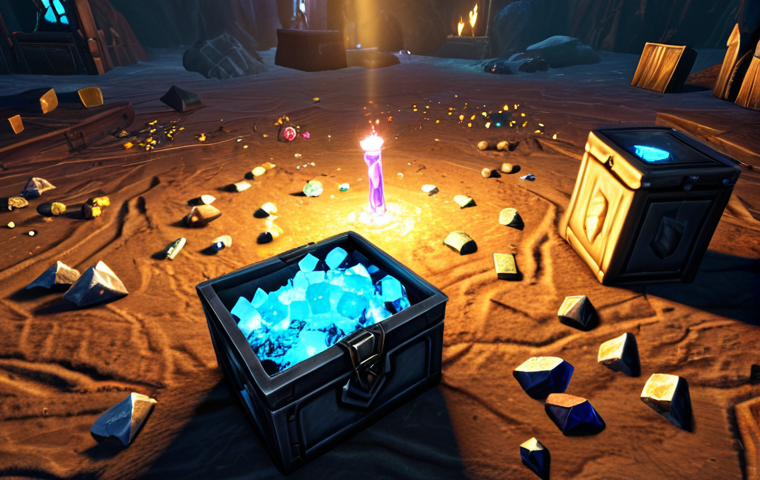 A disappointed MMORPG player, looking at a meager pile of useless low-tier items and generic consumables. Behind them, brightly glowing, tempting "loot boxes" or "mystery packs" are open, revealing the source of the disappointment. A subtle visual metaphor of valuable in-game currency (like glowing crystals) draining into a void or turning to dust, symbolizing wasted resources. The player's posture conveys frustration and regret. The scene is set within a fantasy game interface, emphasizing the digital nature of the transactions. High detail, sharp focus on the items, somber lighting.