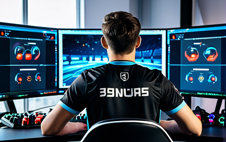 A focused male professional gamer in a clean, modest esports jersey, seated at a high-tech desk. The multi-monitor setup displays complex game statistics, skill trees, and character build data. The background is a blurred, professional gaming arena or studio with subtle lighting. Fully clothed, appropriate attire, safe for work, perfect anatomy, correct proportions, natural pose, well-formed hands, proper finger count, natural body proportions, professional photography, high-resolution.